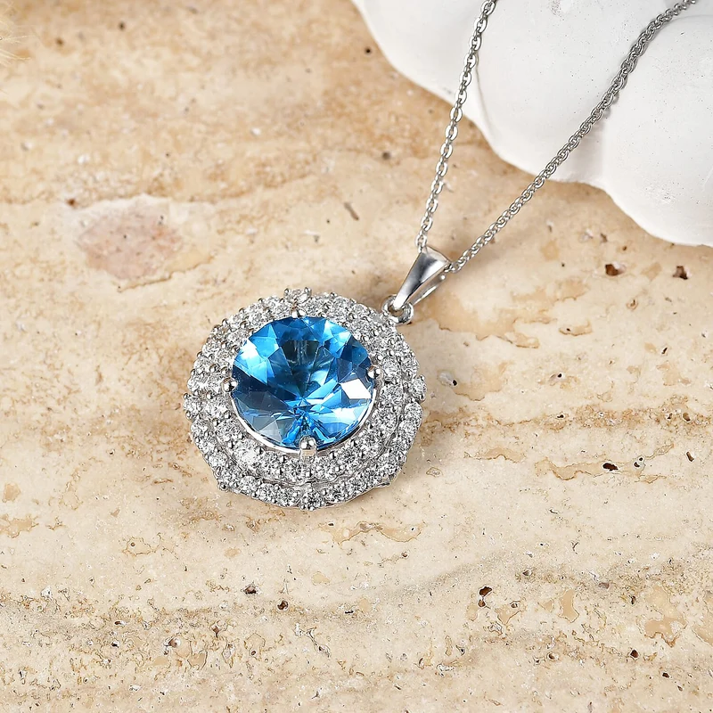 D'Joy AA Schweizer Blautopas, Moissanit AGI zertifiziert Schmuckset (10-15 Werktage Lieferzeit) ca. 50 cm 925 Silber Rhodiniert ca. 7,82 ct.