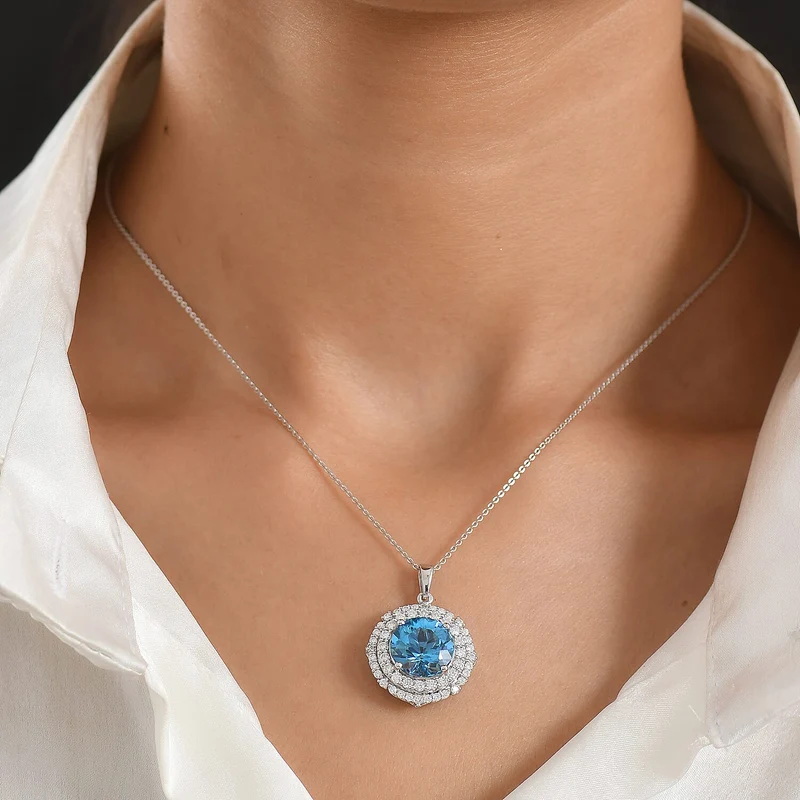 D'Joy AA Schweizer Blautopas, Moissanit AGI zertifiziert Schmuckset (10-15 Werktage Lieferzeit) ca. 50 cm 925 Silber Rhodiniert ca. 7,82 ct.