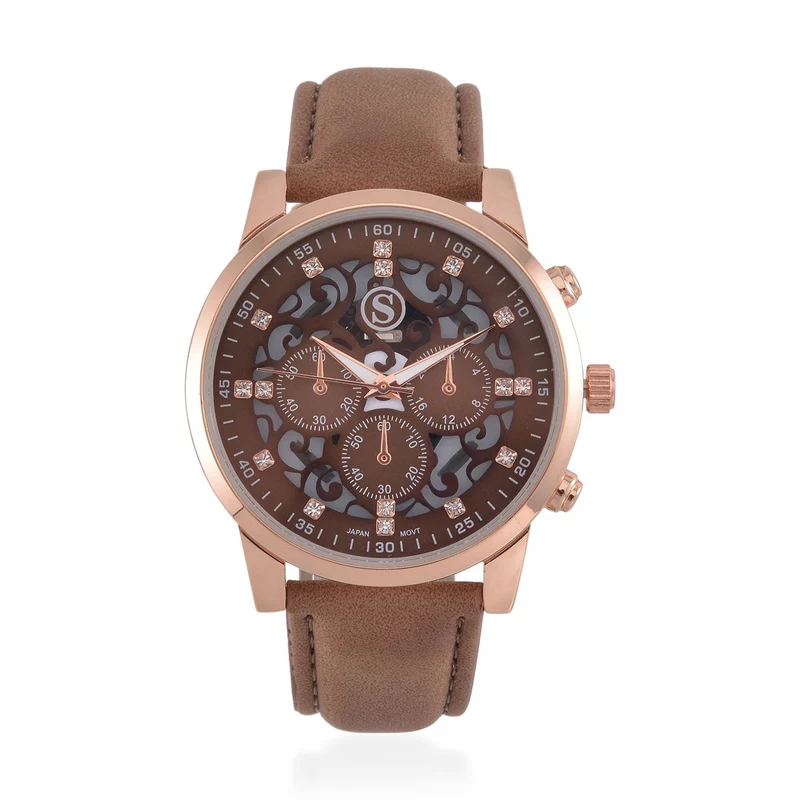 Strada Japanisches Uhrwerk - Exklusive Uhr mit braunem Hohlzifferblatt, braunem PU-Band und Edelstahl-Schnalle, Weißer Kristall Uhr, 23cm, rose