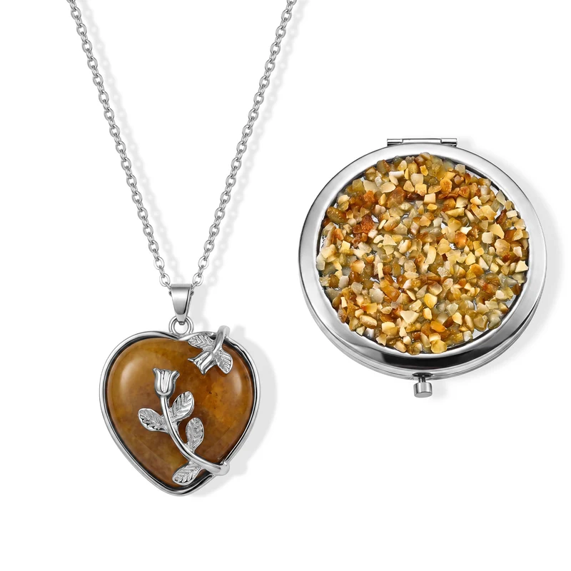 Gelber Quarzit Anhänger mit 50+5cm Edelstahl Kette und Taschenspiegel, Legierung - 80 ct.
