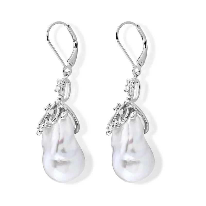 D'Joy Weiße Barockperle (13-16mm) und Moissanit Ohrringe, 925 Silber vergoldet