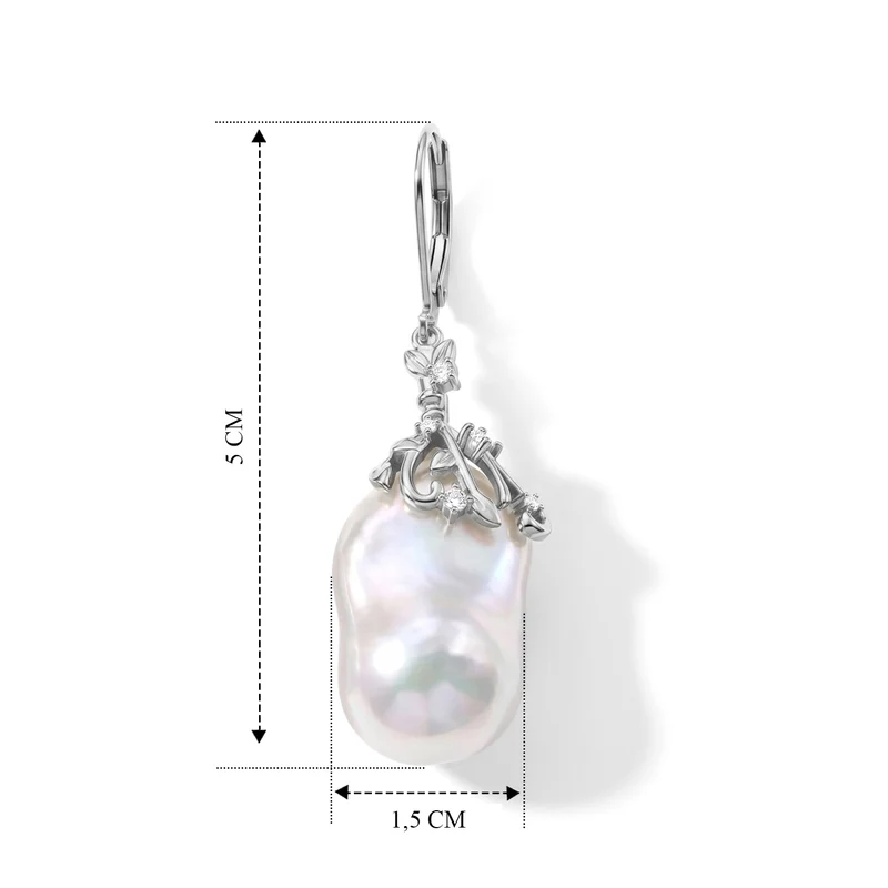 D'Joy Weiße Barockperle (13-16mm) und Moissanit Ohrringe, 925 Silber vergoldet