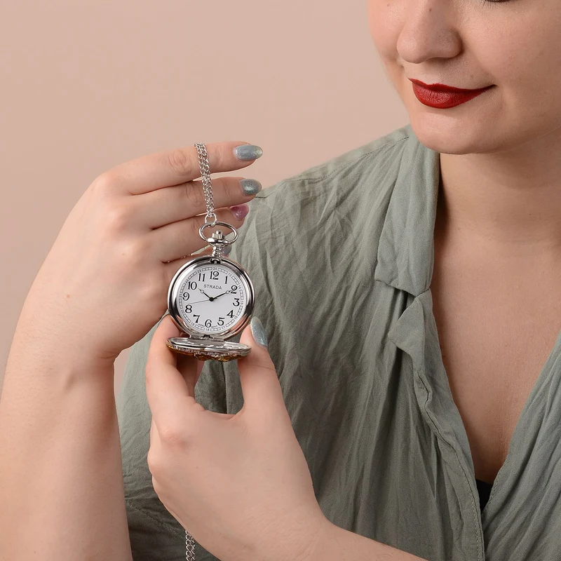 Strada - Weiße Kristall Taschenuhr im Bienenstock Design, japanisches Uhrwerk, goldfarben