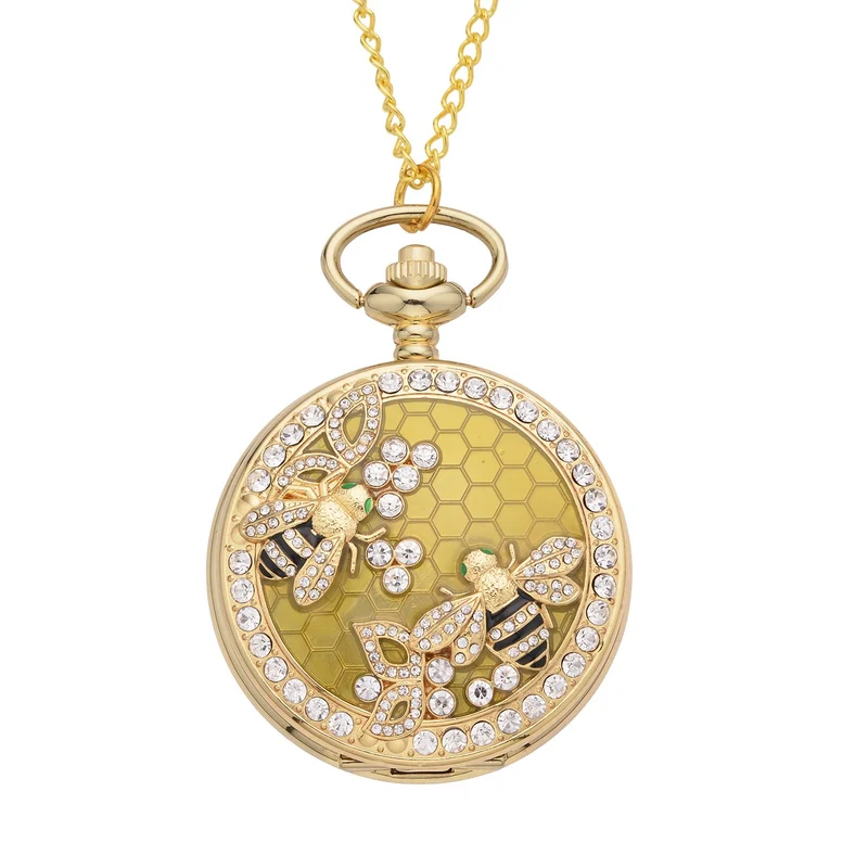 Strada - Weiße Kristall Taschenuhr im Bienenstock Design, japanisches Uhrwerk, goldfarben