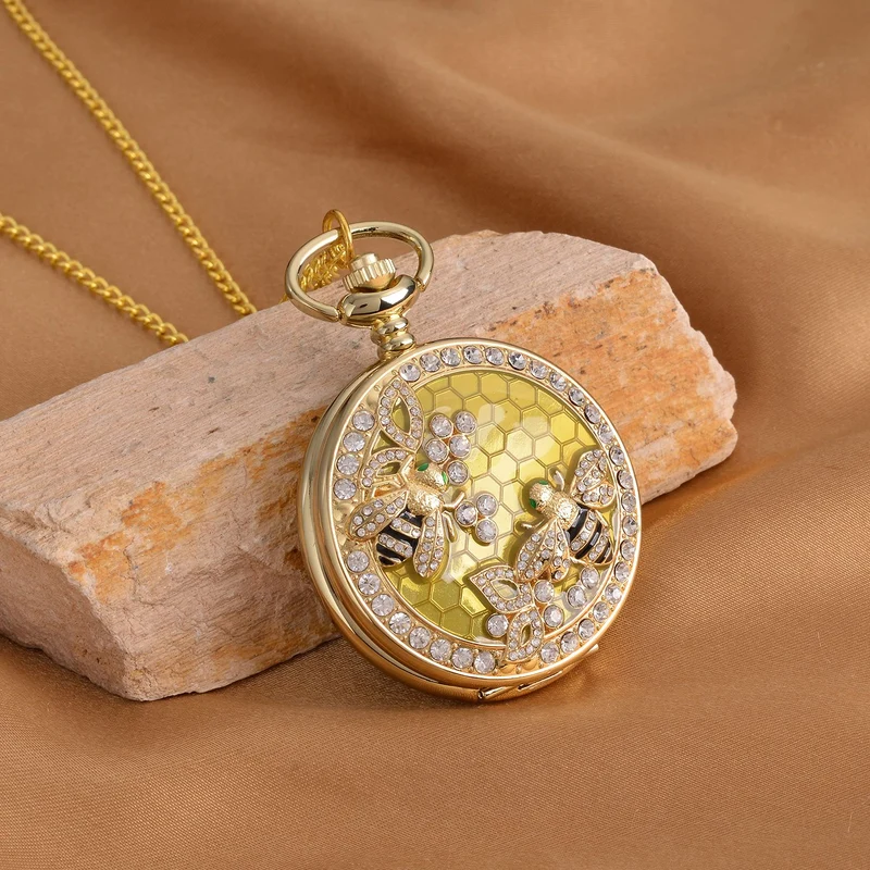 Strada - Weiße Kristall Taschenuhr im Bienenstock Design, japanisches Uhrwerk, goldfarben