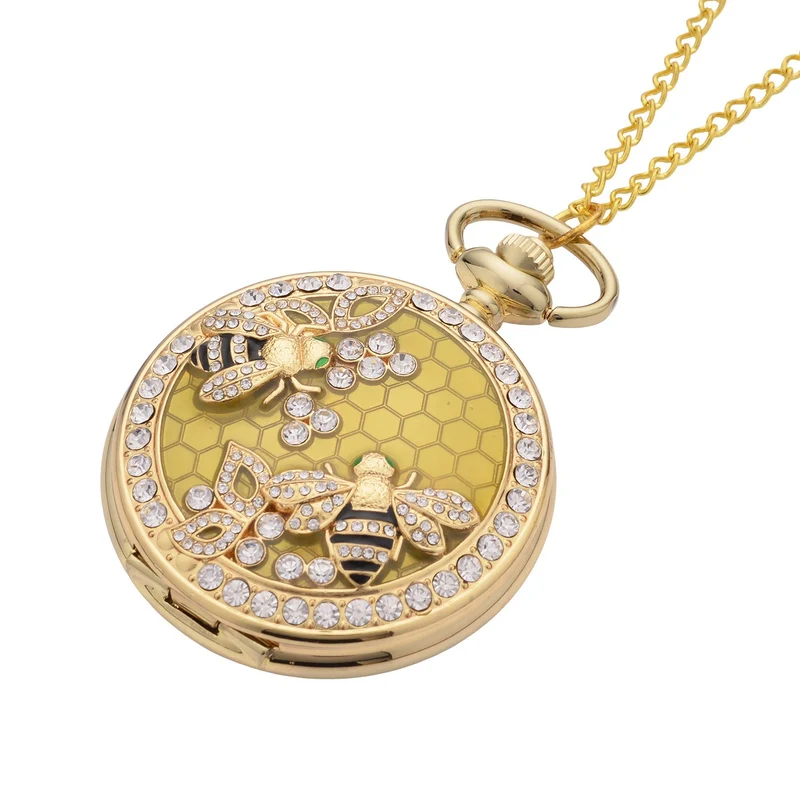Strada - Weiße Kristall Taschenuhr im Bienenstock Design, japanisches Uhrwerk, goldfarben