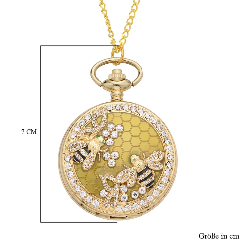 Strada - Weiße Kristall Taschenuhr im Bienenstock Design, japanisches Uhrwerk, goldfarben