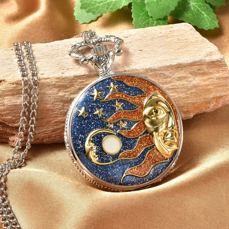 Strada - Weiße Kristall Taschenuhr im Bienenstock Design, japanisches Uhrwerk, goldfarben