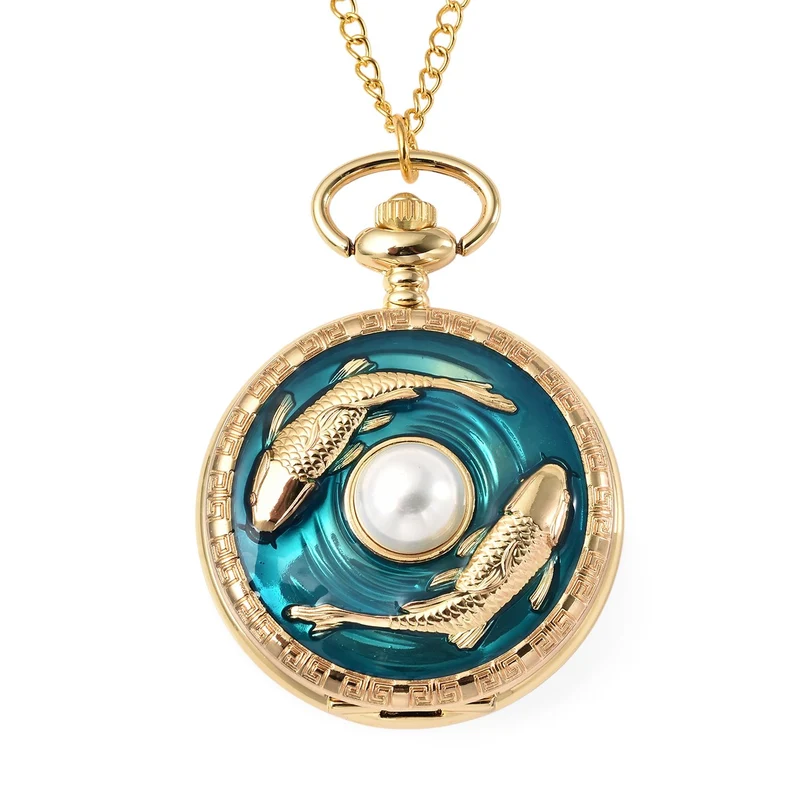 Strada - Weiße Kristall Taschenuhr im Bienenstock Design, japanisches Uhrwerk, goldfarben