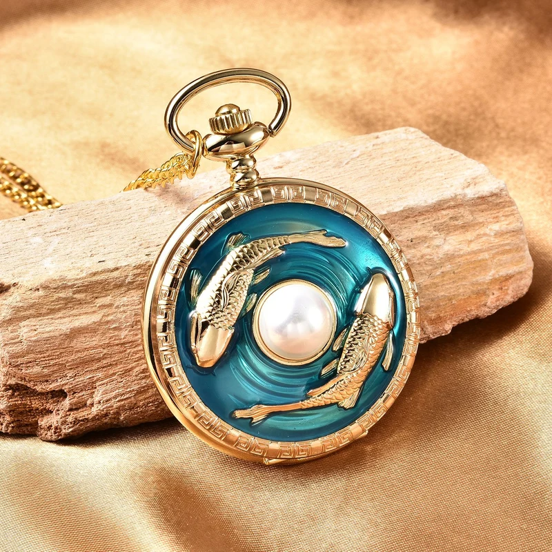 Strada - Weiße Kristall Taschenuhr im Bienenstock Design, japanisches Uhrwerk, goldfarben
