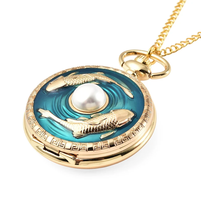 Strada - Weiße Kristall Taschenuhr im Bienenstock Design, japanisches Uhrwerk, goldfarben