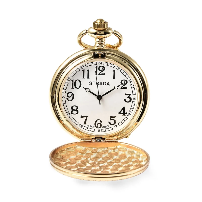 Strada - Weiße Kristall Taschenuhr im Bienenstock Design, japanisches Uhrwerk, goldfarben