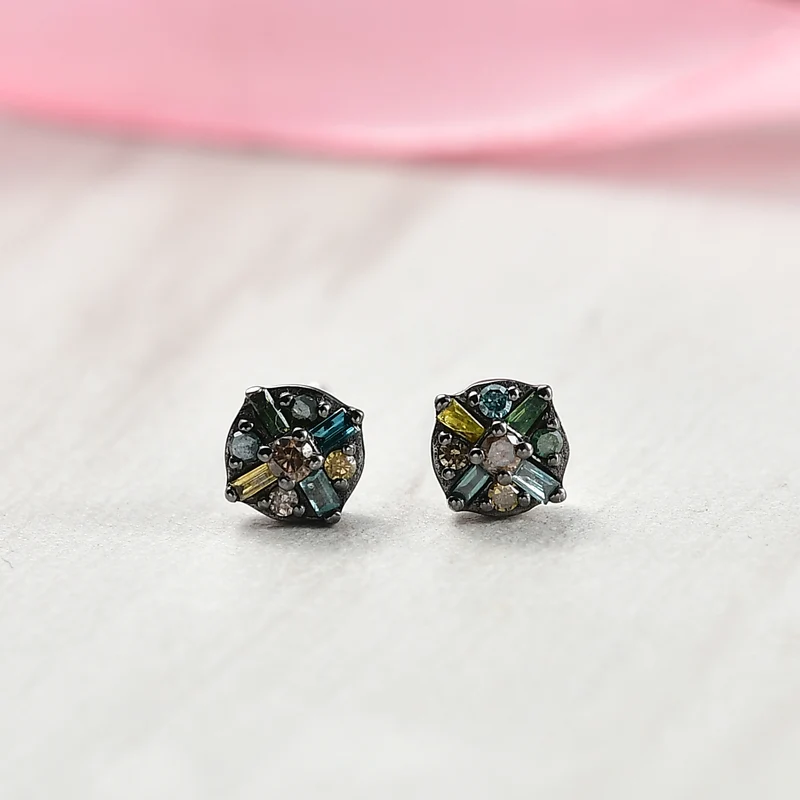D'Joy Natürlicher Champagner Diamant, Blauer Diamant Ohrringe 925 Silber rhodiniert ca. 0.15 ct