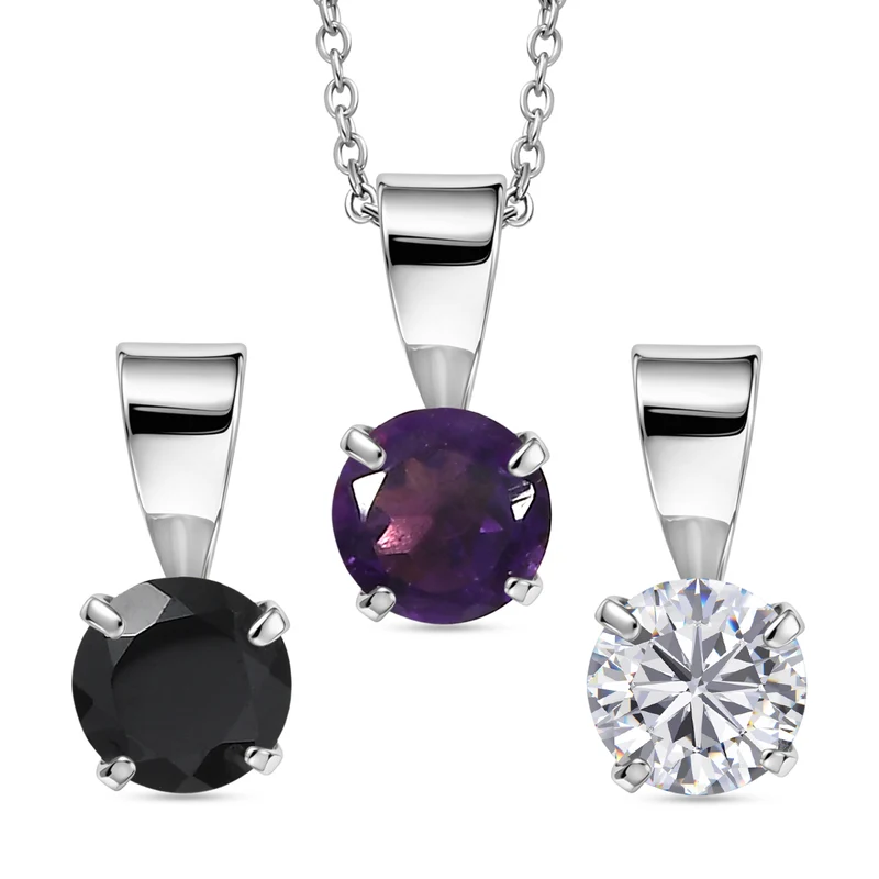 3er Set Anhänger mit Afrikanischem Amethyst, Schwarzem Spinell und Weißem Topas, 925 Silber und 316L Edelstahl, platiniert, Kette ca. 50 cm, ca. 1,50 ct
