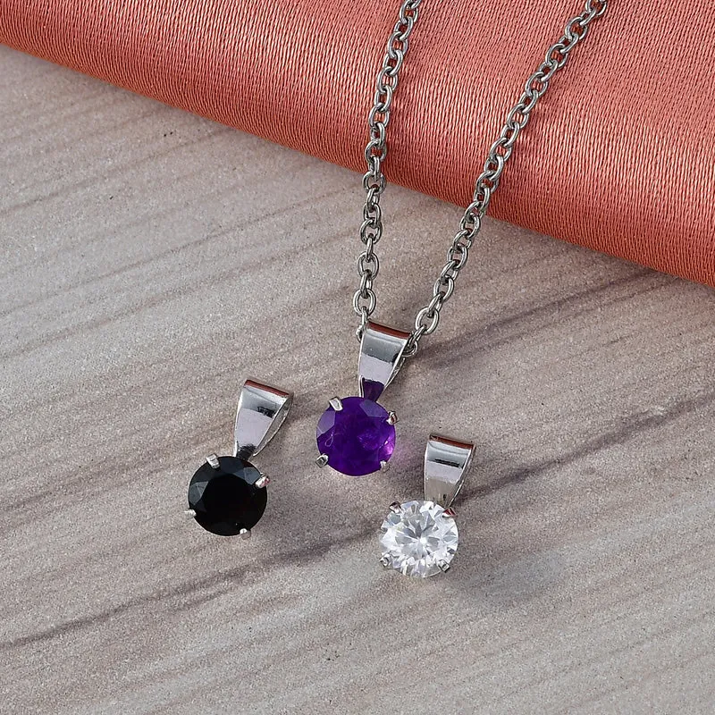 3er Set Anhänger mit Afrikanischem Amethyst, Schwarzem Spinell und Weißem Topas, 925 Silber und 316L Edelstahl, platiniert, Kette ca. 50 cm, ca. 1,50 ct