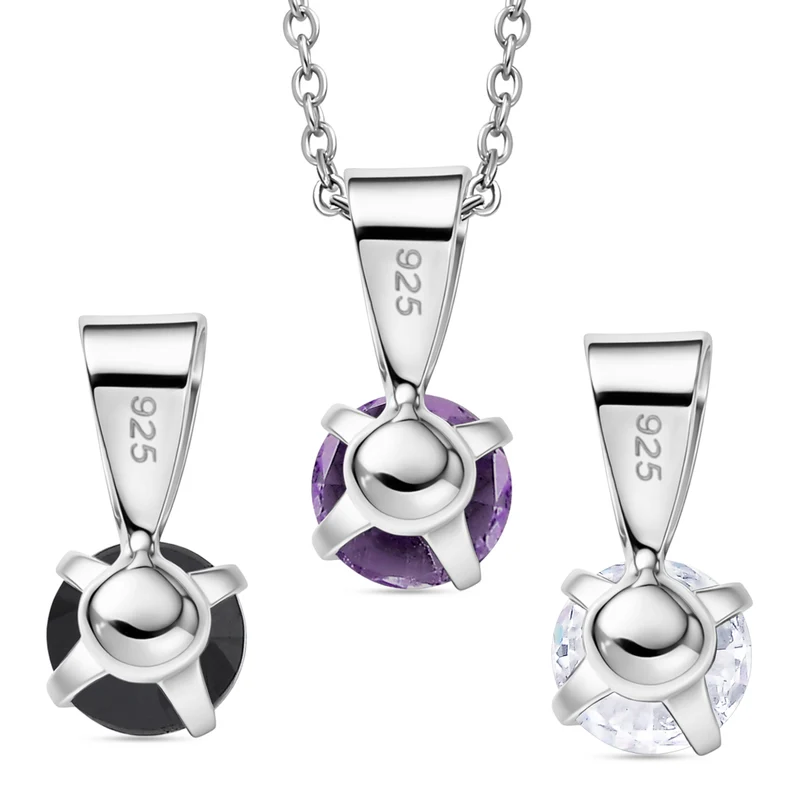 3er Set Anhänger mit Afrikanischem Amethyst, Schwarzem Spinell und Weißem Topas, 925 Silber und 316L Edelstahl, platiniert, Kette ca. 50 cm, ca. 1,50 ct