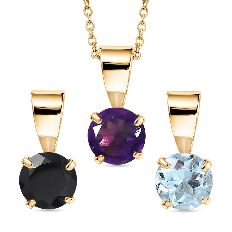 3er Set Anhänger mit Afrikanischem Amethyst, Schwarzem Spinell und Weißem Topas, 925 Silber und 316L Edelstahl, platiniert, Kette ca. 50 cm, ca. 1,50 ct