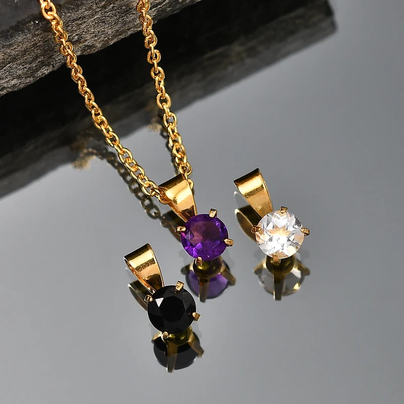 3er Set Anhänger mit Afrikanischem Amethyst, Schwarzem Spinell und Weißem Topas, 925 Silber und 316L Edelstahl, platiniert, Kette ca. 50 cm, ca. 1,50 ct