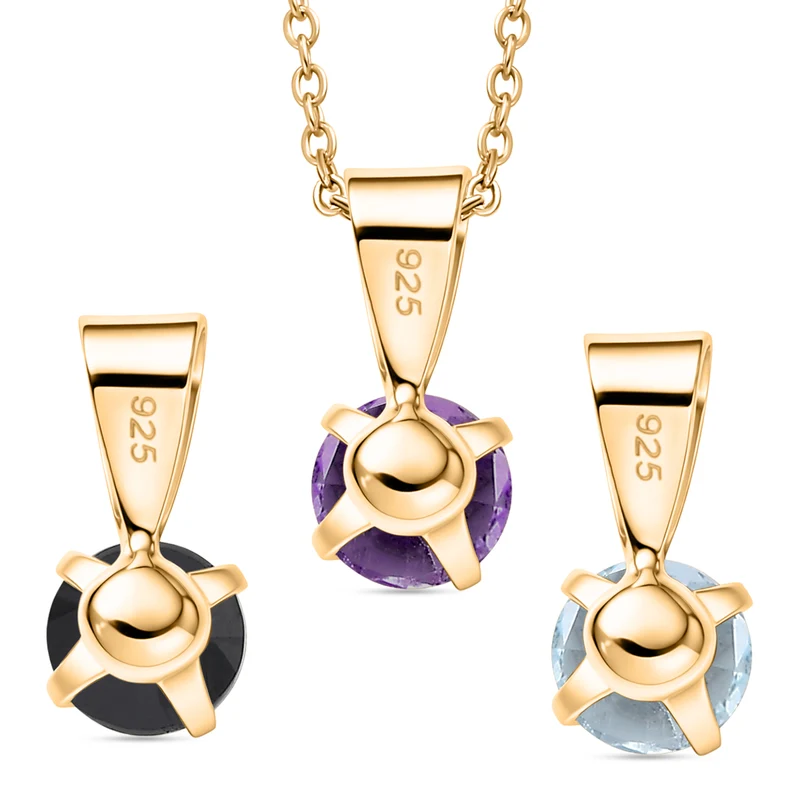 3er Set Anhänger mit Afrikanischem Amethyst, Schwarzem Spinell und Weißem Topas, 925 Silber und 316L Edelstahl, platiniert, Kette ca. 50 cm, ca. 1,50 ct