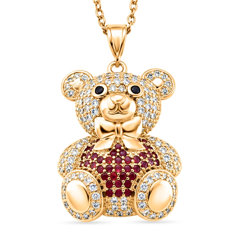 Zirkonia Teddybär Anhänger mit 50cm Kette, Rot, Messing vergoldet
