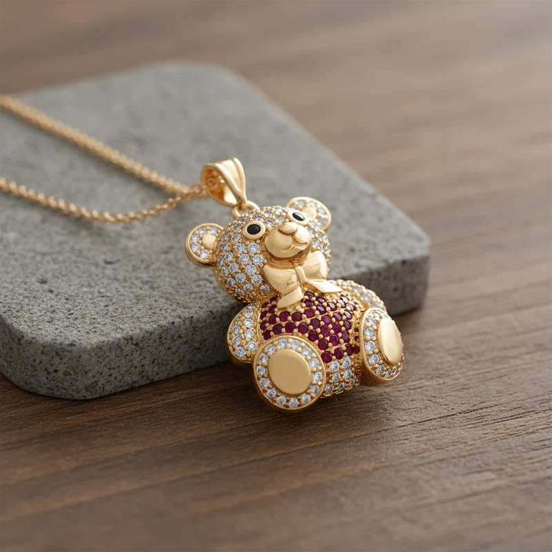 Zirkonia Teddybär Anhänger mit 50cm Kette, Rot, Messing vergoldet