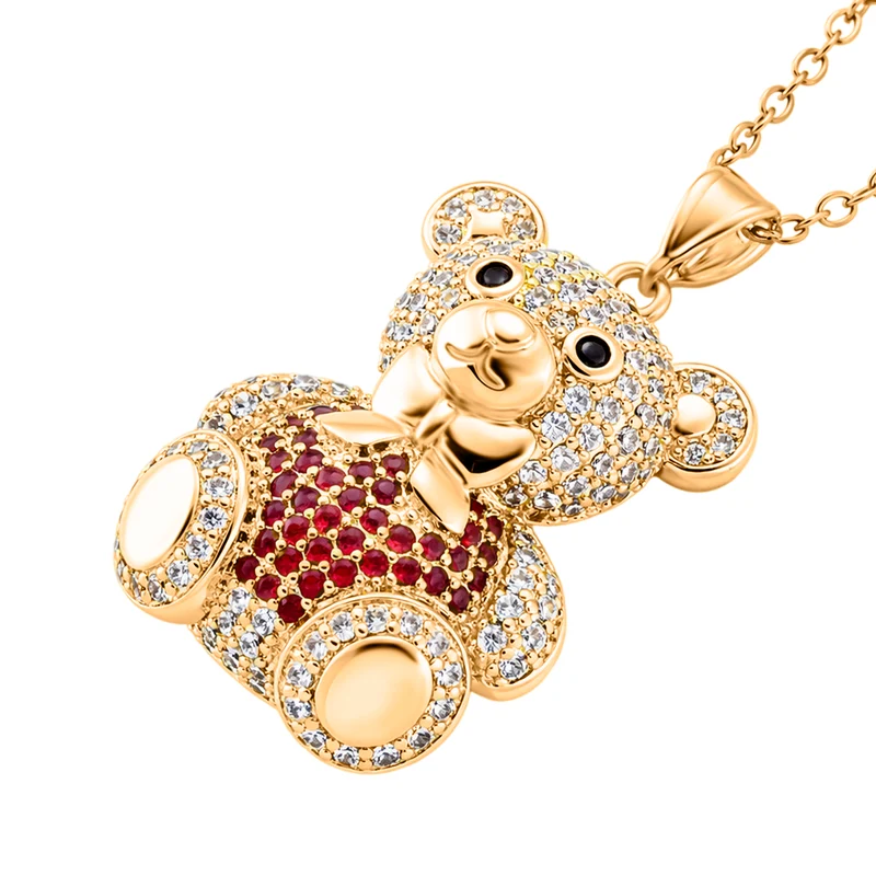Zirkonia Teddybär Anhänger mit 50cm Kette, Rot, Messing vergoldet