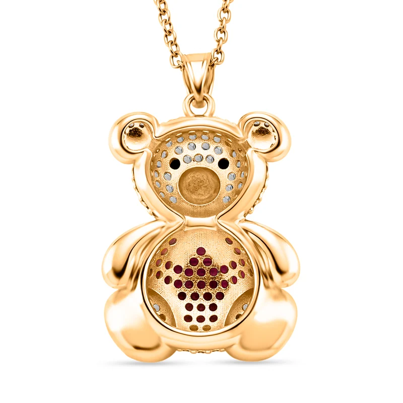 Zirkonia Teddybär Anhänger mit 50cm Kette, Rot, Messing vergoldet