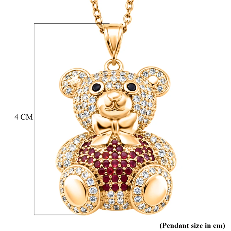 Zirkonia Teddybär Anhänger mit 50cm Kette, Rot, Messing vergoldet