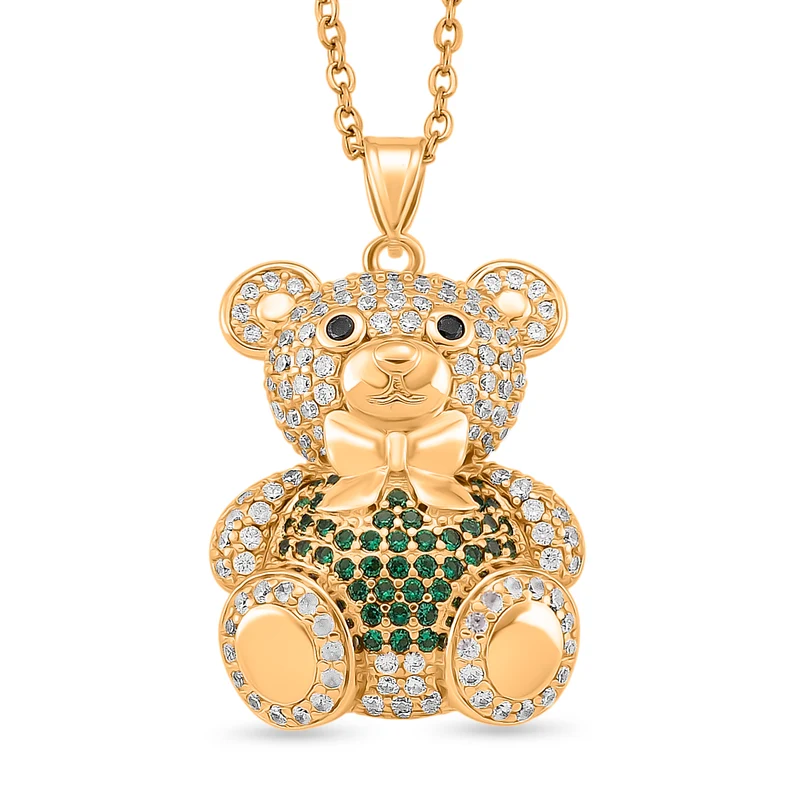 Zirkonia Teddybär Anhänger mit 50cm Kette, Rot, Messing vergoldet