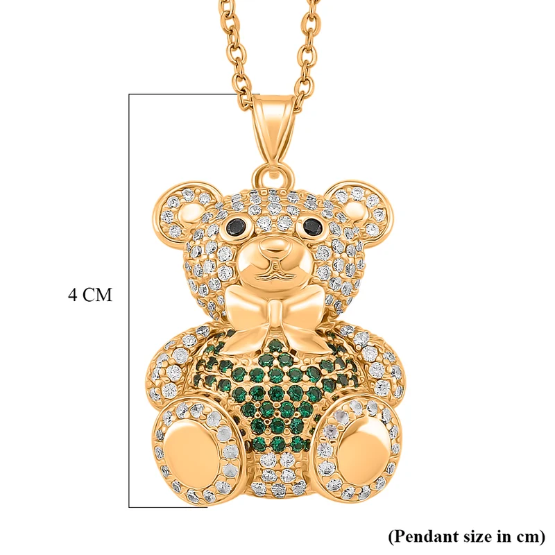 Zirkonia Teddybär Anhänger mit 50cm Kette, Rot, Messing vergoldet