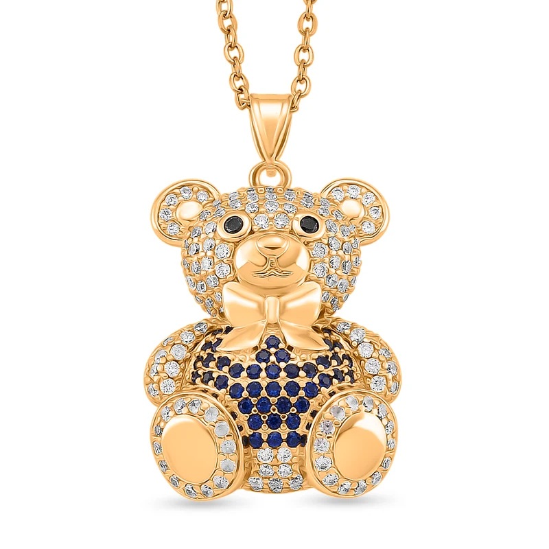 Zirkonia Teddybär Anhänger mit 50cm Kette, Rot, Messing vergoldet