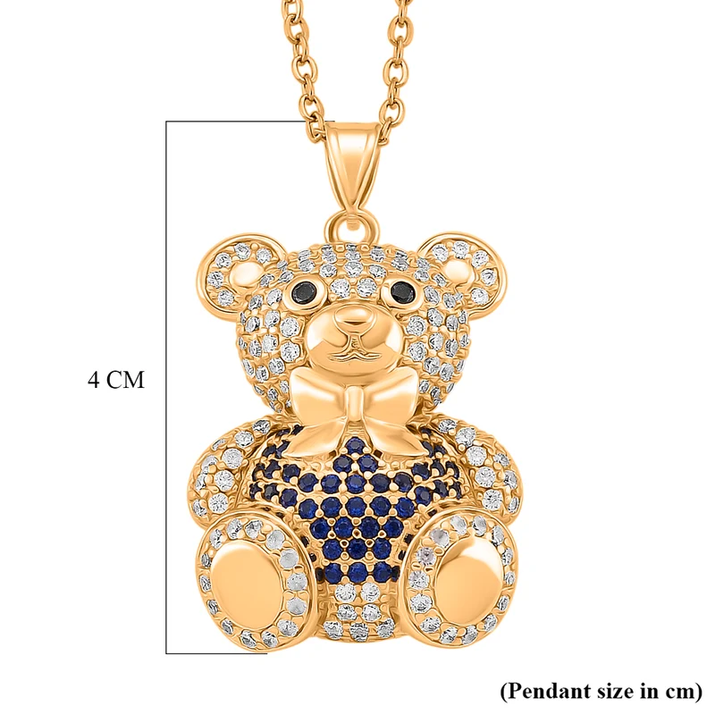 Zirkonia Teddybär Anhänger mit 50cm Kette, Rot, Messing vergoldet
