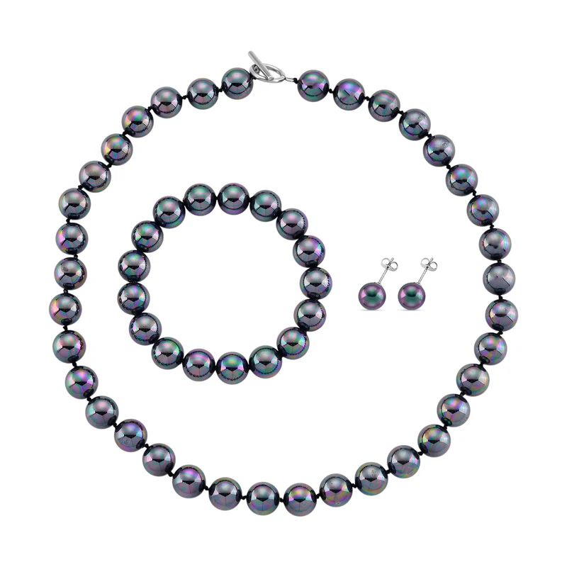 Pfaufarbenes Muschelkernperle Schmuckset, 316L Edelstahl