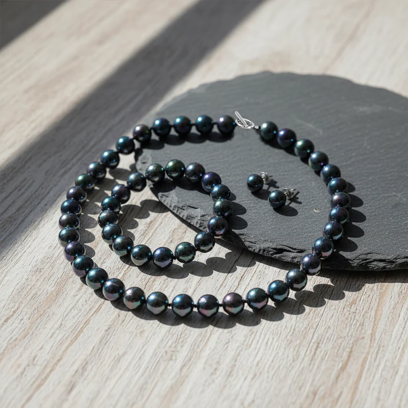 Pfaufarbenes Muschelkernperle Schmuckset, 316L Edelstahl