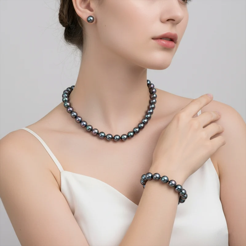 Pfaufarbenes Muschelkernperle Schmuckset, 316L Edelstahl