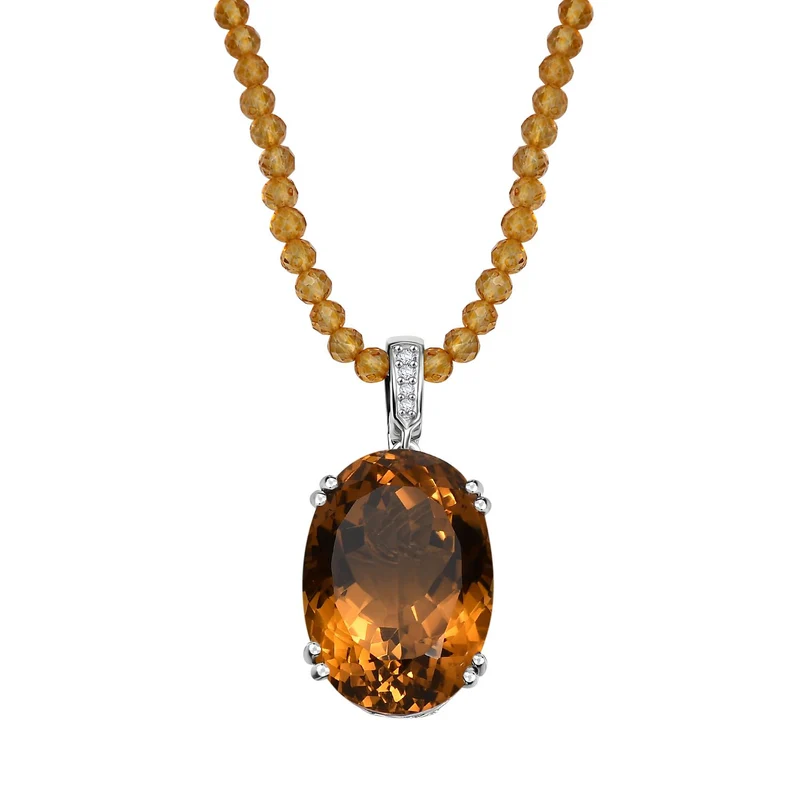 Citrin, Weiße Zirkon Halskette 925 Silber rhodiniert ca. 80.57 ct