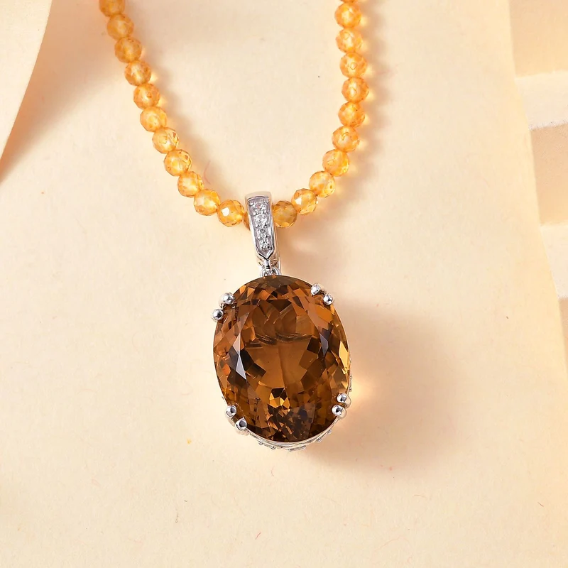 Citrin, Weiße Zirkon Halskette 925 Silber rhodiniert ca. 80.57 ct