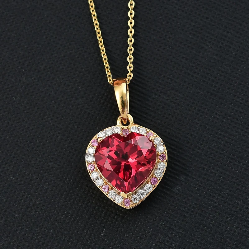 Flame of Grace - D joy Lab Created Padparadscha-Saphir , Moissanit Anhänger mit Kette, 925 Silber 750 Gelbgold Vermeil ca. 6.49 ct