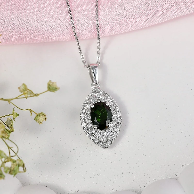 D'Joy AA Natürlicher Chromdiopsid, Moissanit AGI zertifiziert Schmuckset (10-15 Werktage Lieferzeit) ca. 50 cm 925 Silber Rhodiniert ca. 3,24 ct.