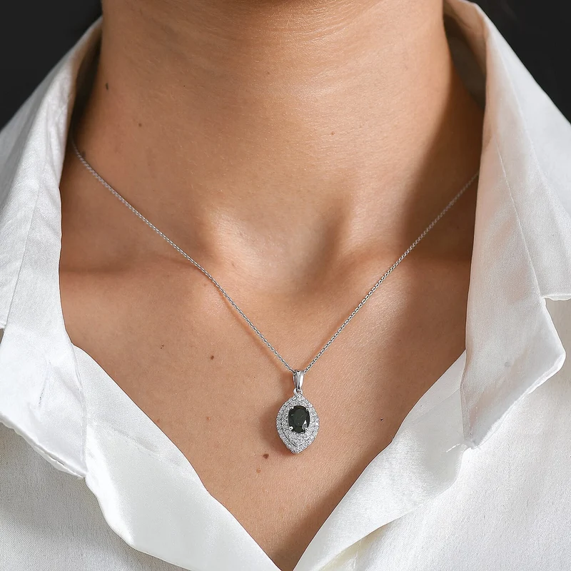 D'Joy AA Natürlicher Chromdiopsid, Moissanit AGI zertifiziert Schmuckset (10-15 Werktage Lieferzeit) ca. 50 cm 925 Silber Rhodiniert ca. 3,24 ct.