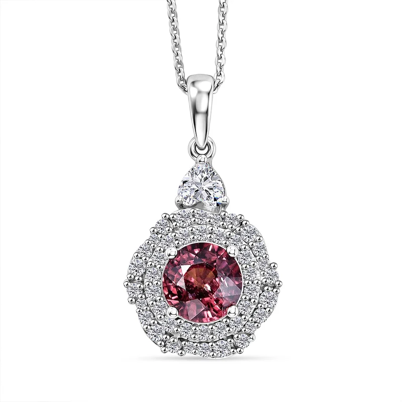 D'Joy AA Himbeer Zirkon, Moissanit AGI zertifiziert Schmuckset (10-15 Werktage Lieferzeit) ca. 50 cm 925 Silber Rhodiniert ca. 2,65 ct.