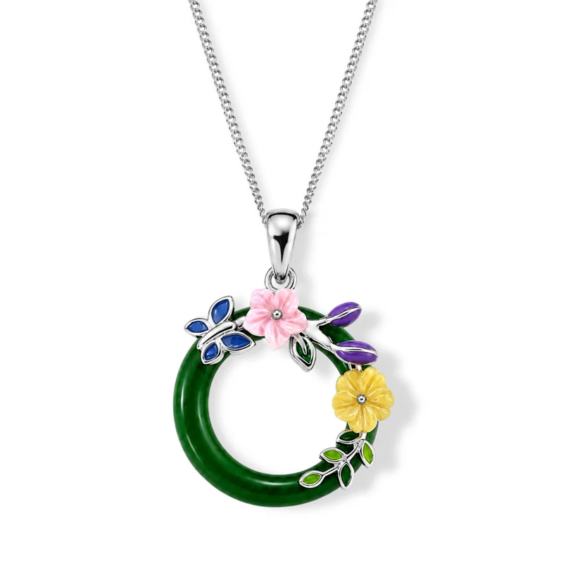 JARDIN KOLLEKTION D'Joy gefärbte grüne Jade, rosa und gelbe Perlmutt Anhänger mit 45cm Kette, 925 Silber vergoldet - 6,35 ct.