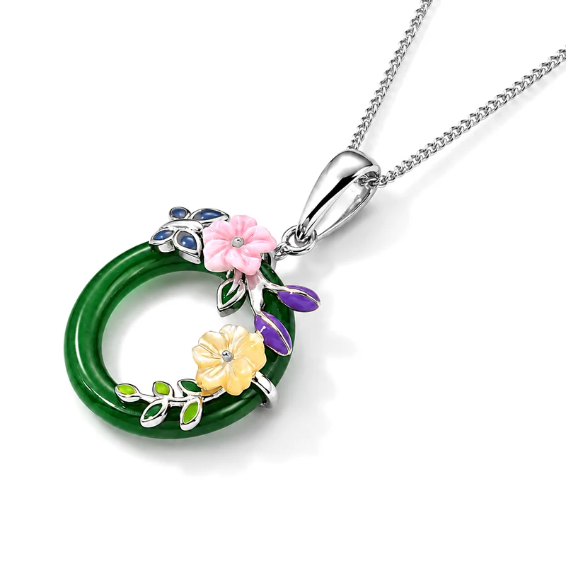 JARDIN KOLLEKTION D'Joy gefärbte grüne Jade, rosa und gelbe Perlmutt Anhänger mit 45cm Kette, 925 Silber vergoldet - 6,35 ct.