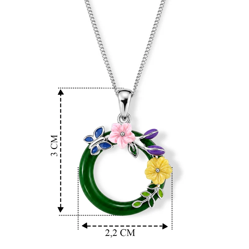JARDIN KOLLEKTION D'Joy gefärbte grüne Jade, rosa und gelbe Perlmutt Anhänger mit 45cm Kette, 925 Silber vergoldet - 6,35 ct.