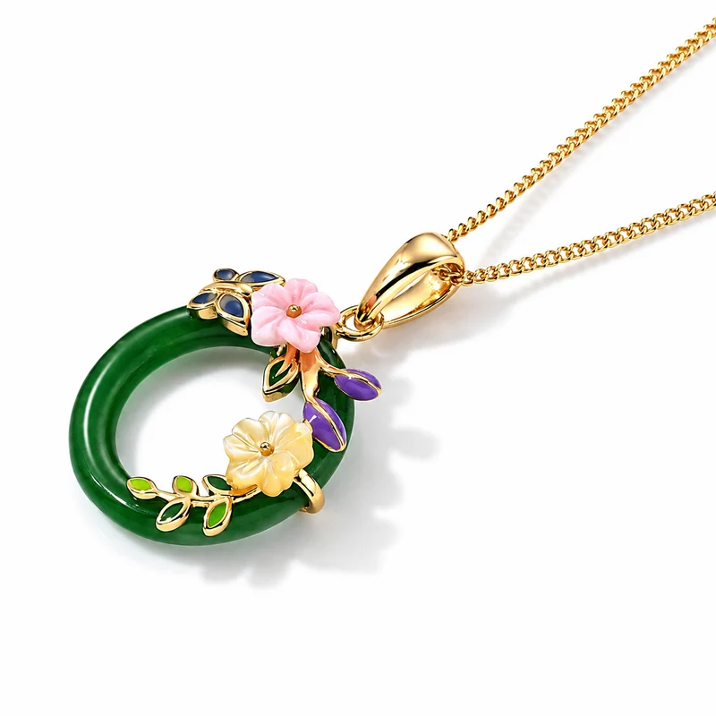 JARDIN KOLLEKTION D'Joy gefärbte grüne Jade, rosa und gelbe Perlmutt Anhänger mit 45cm Kette, 925 Silber vergoldet - 6,35 ct.