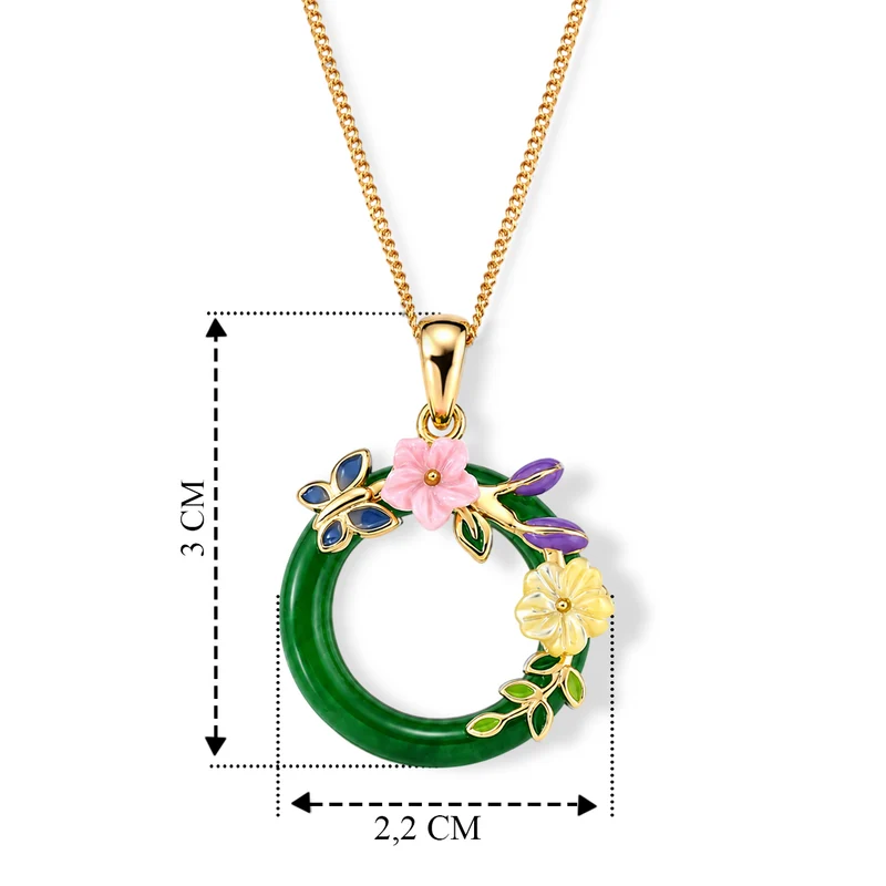 JARDIN KOLLEKTION D'Joy gefärbte grüne Jade, rosa und gelbe Perlmutt Anhänger mit 45cm Kette, 925 Silber vergoldet - 6,35 ct.