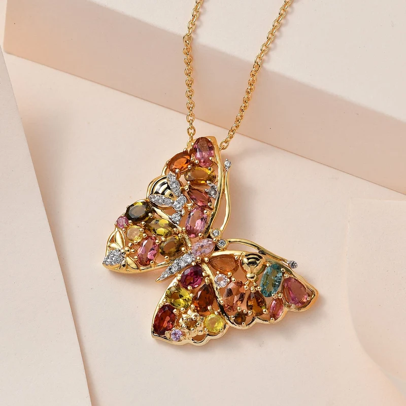 Mehrfarbige-Turmalin Anhänger mit Kette, 925 Silber Gelbgold Vermeil, ca. 6.28 ct