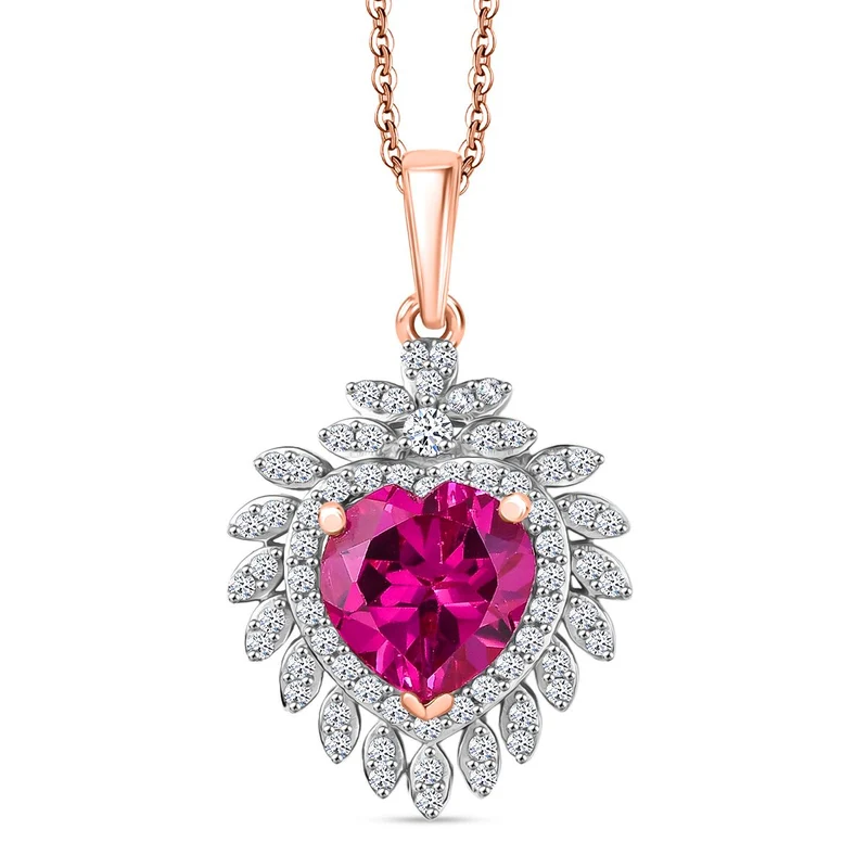 LUXURIANT AAA Labor Rosa Saphir und Zirkon Anhänger mit 50cm Kette, 925 Silber 750 Roségold Vermeil - 3,25 ct.