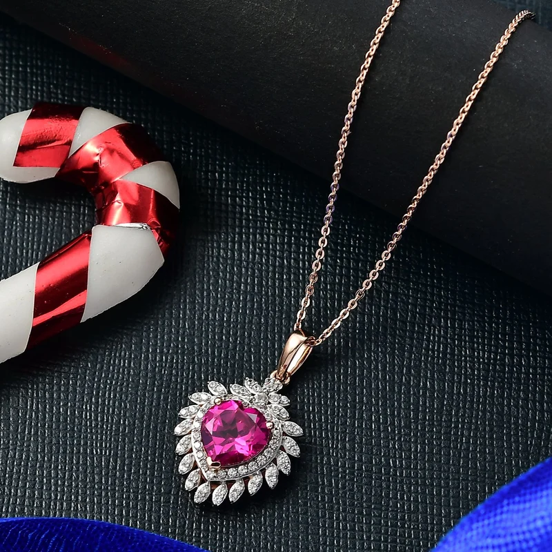 LUXURIANT AAA Labor Rosa Saphir und Zirkon Anhänger mit 50cm Kette, 925 Silber 750 Roségold Vermeil - 3,25 ct.