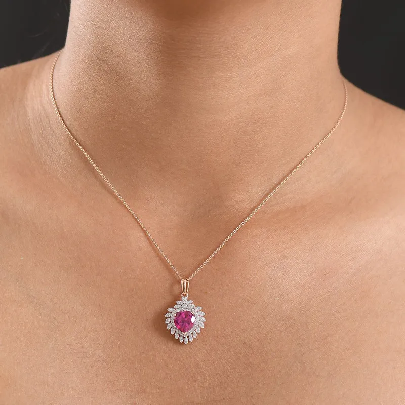 LUXURIANT AAA Labor Rosa Saphir und Zirkon Anhänger mit 50cm Kette, 925 Silber 750 Roségold Vermeil - 3,25 ct.